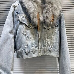 Denim Jacket with Faux Fur Collar